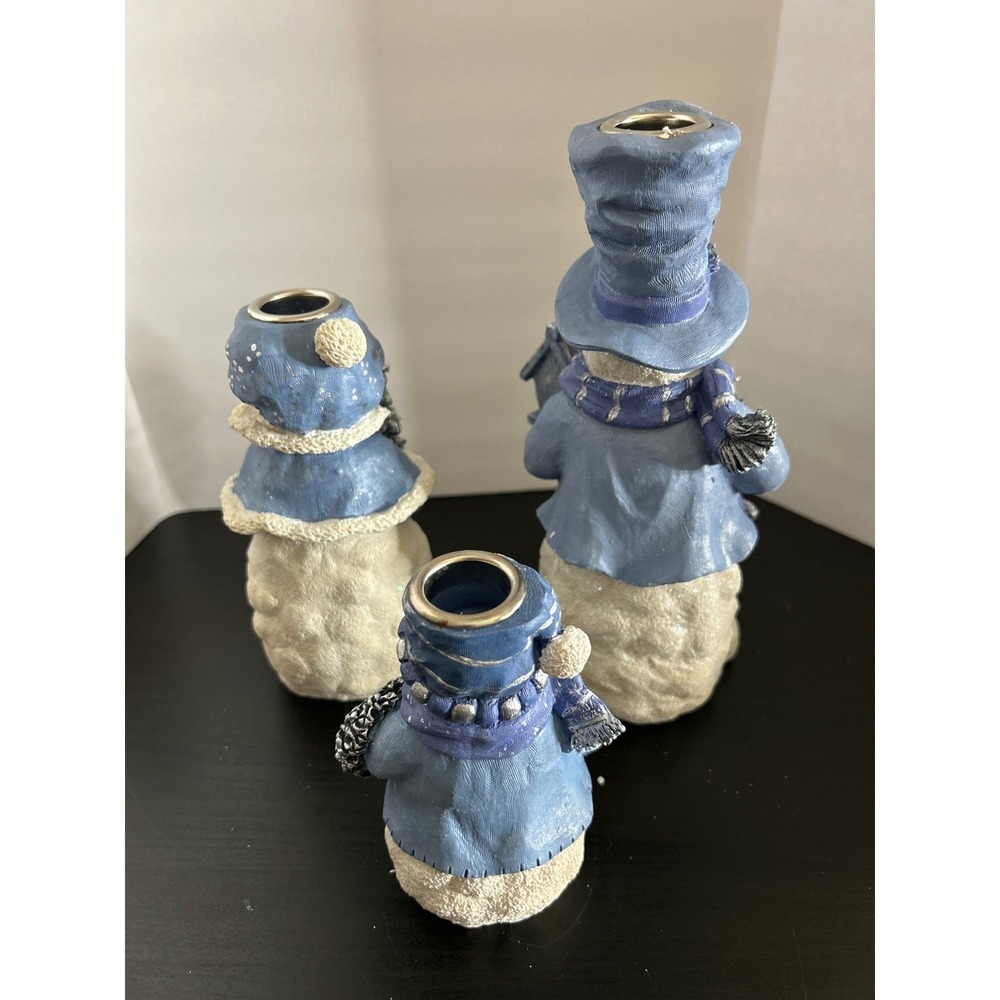 Candle Holder Set Christmas Blue Snowman Resin Taper Trio Collectible Decor New - Picture 2 of 7